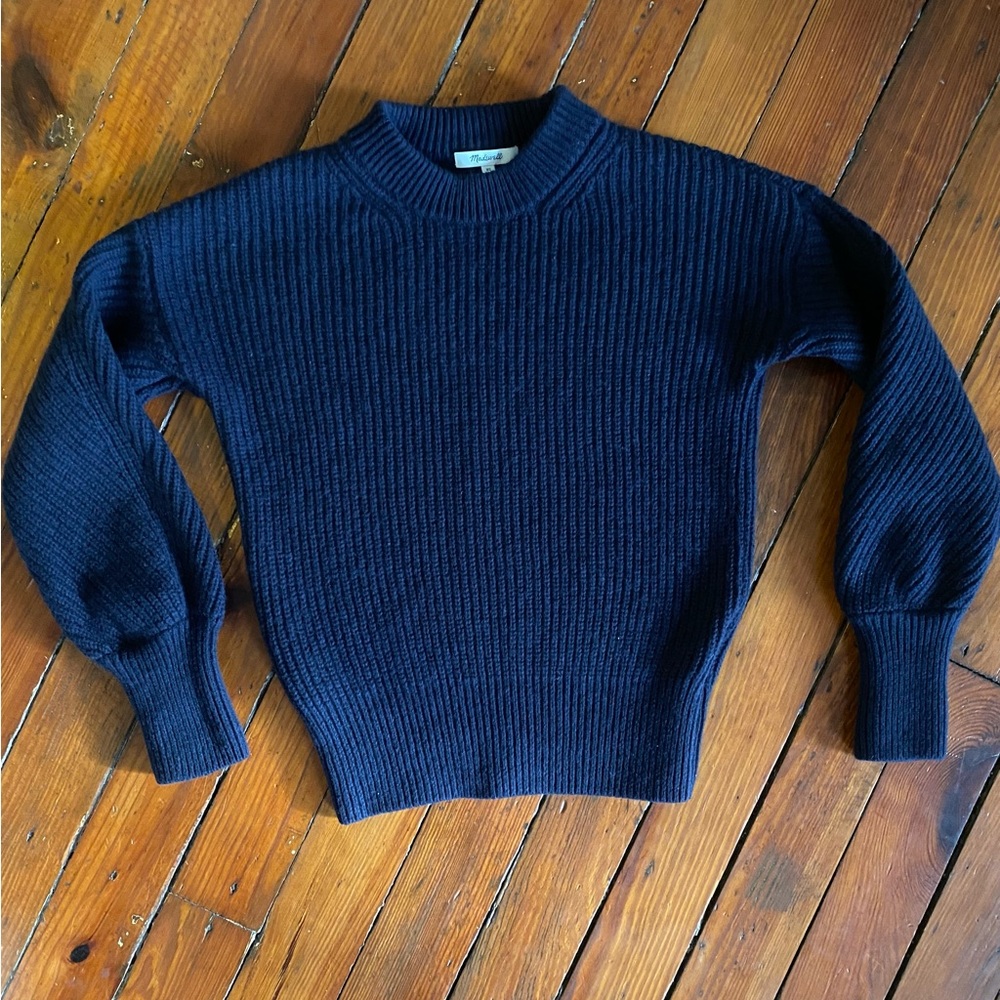 Madewell Mock Turtleneck Ribbed Merino Wool Cotton Blend Navy Sweater Size XS